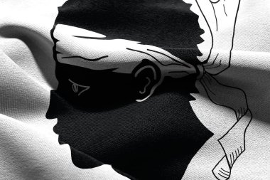 Korsika 'nın 3D illüstrasyon bayrağı Fransa' nın bir bölgesidir. Rüzgâr bayraklarında sallanan tekstil arka planı