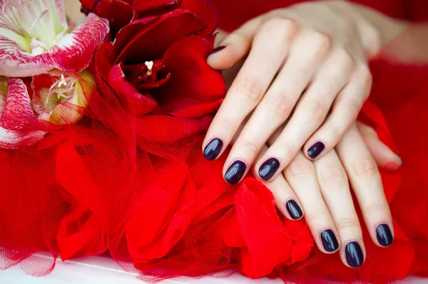 Dunkle Fingernägel und schöne rote Blüten — Stockfoto