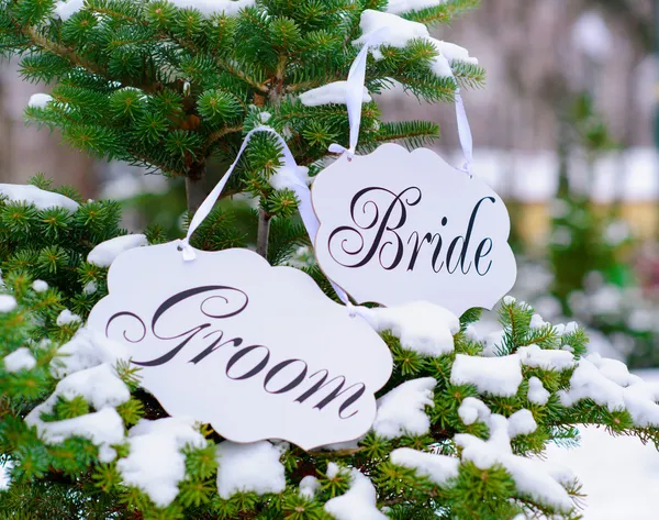Placas de decoração de noiva e noivo — Fotografia de Stock