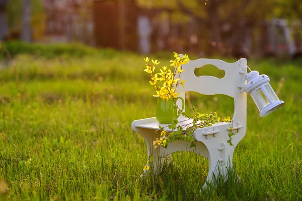 Günbatımı ışığı çiçekli Beyaz ahşap sandalye — Stok fotoğraf