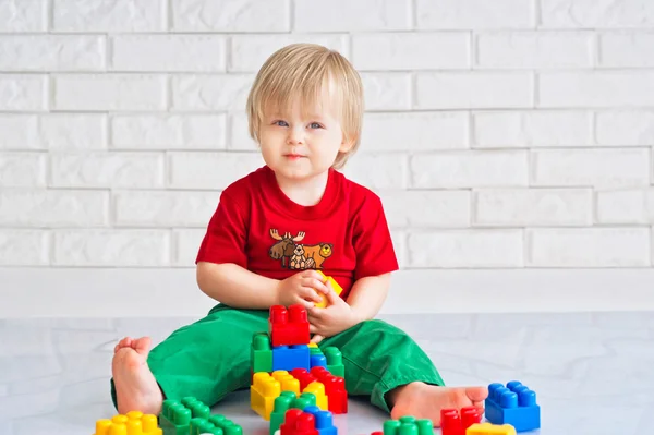 Kleine jongen en constructor blokken — Stockfoto