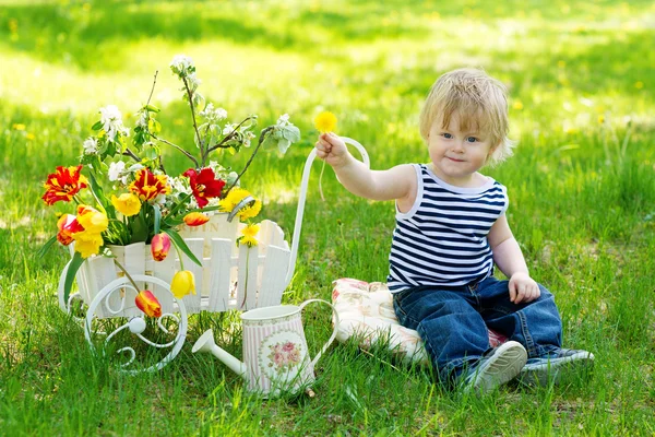 Miúdo bonito na grama perto de carrinho de mão com flores — Fotografia de Stock