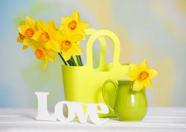 Spring yellow flowers and love sign — Stock Photo, Image