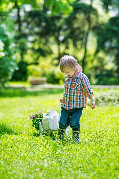 Little kid drawing a cart full of flowers — Stock Photo, Image