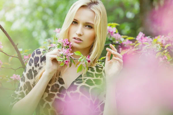 Young attractive woman in blooming spring trees — Stock Photo, Image
