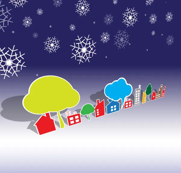 Χειμώνας πόλη ακίνητων περιουσιών Χριστουγέννων και Πρωτοχρονιάς σπίτια και δέντρο — Διανυσματικό Αρχείο