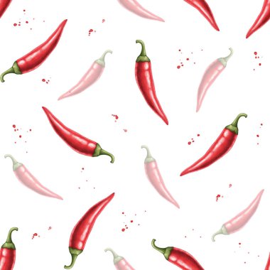 Red hot chili pepper, whole pod. Watercolor seamless pattern with vegetable red hot chili pepper closeup on a white background. Hand painting on paper