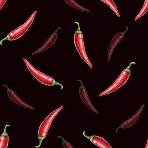 Red Hot Chili Pepper Whole Pod Watercolor Seamless Pattern Vegetable — Stock Photo, Image