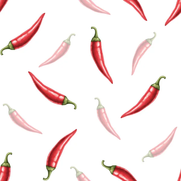 Red Hot Chili Pepper Whole Pod Watercolor Seamless Pattern Vegetable — Stock Photo, Image