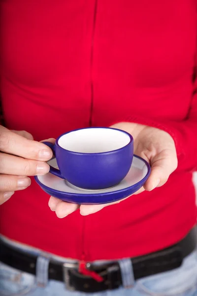 Coffe blue cup on palm — Stock Photo, Image