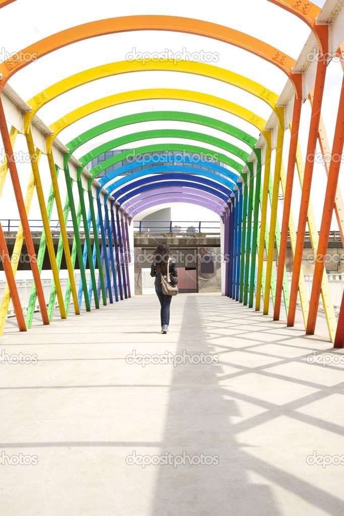 walking at colorful footbridge
