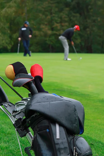 A set up new golf clubs on a beautiful golf course — Stock Photo, Image