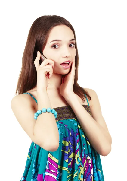 Nadšený mladá žena s telefonem — Stock fotografie