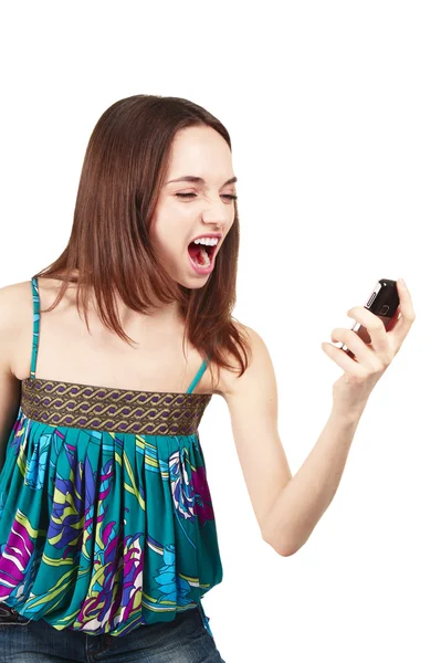 Mooie vrouw kijken naar mobiele telefoon — Stockfoto