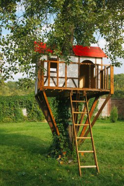Cute small tree house for kids on backyard. clipart