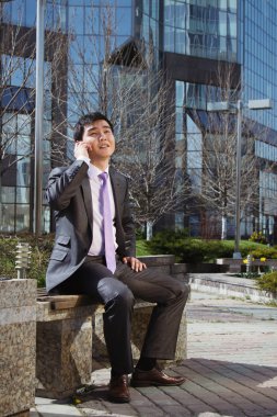 laptop ile oturan genç bir işadamı. Açık.