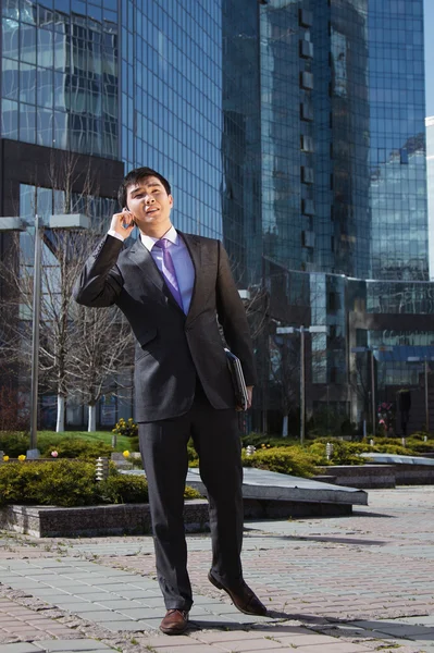 Giovane uomo d'affari in piedi e parlando sul cellulare — Foto Stock