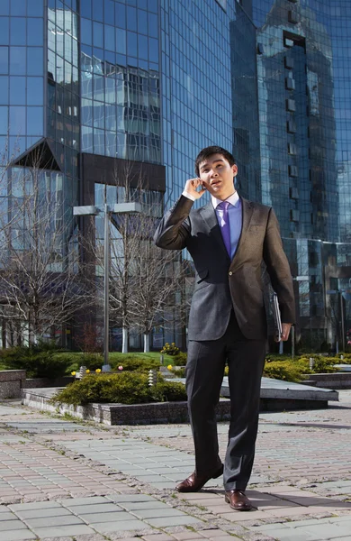 Young businessman standing and talking on mobile phone — Stock Photo, Image