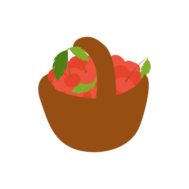 Bir sepetin içindeki kirazlar, düz bir tasarım çizimi eşliğinde