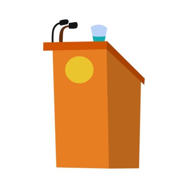 Mikrofonlu ahşap tezgah. Kahverengi tahta kürsü. Yaratıcı düz tasarım. Modern vektör illüstrasyonu