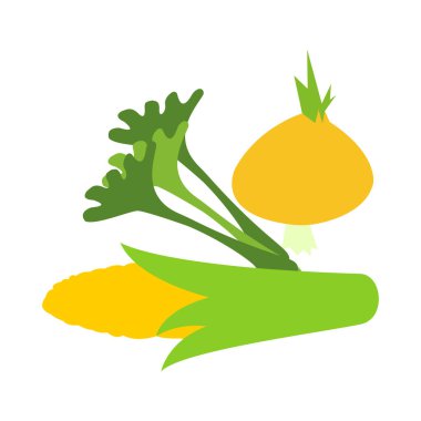 Kereviz, mısır ve soğan beyaz arkaplan vektör resmi üzerinde izole