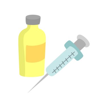 Düz stil izole vektör illüstrasyonlu iğne ve şişe içeren plastik tıbbi şırınga simgesi