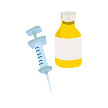 Beyaz arkaplanda izole edilmiş şişe ve şırınga düz vektör çizimi