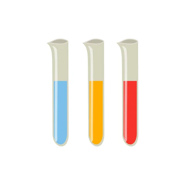 Colored Liquids Three Test Tubes Flat Design Vector Illustration — Stock Vector