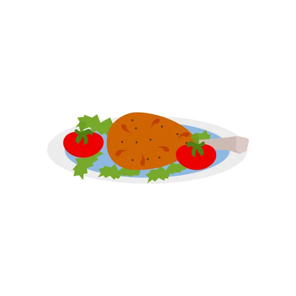 Λευκό Φόντο Ζεστό Τηγανητό Κοτόπουλο Μηρούς Λαχανικά Και Γαρνιτούρα Ντομάτας — Διανυσματικό Αρχείο