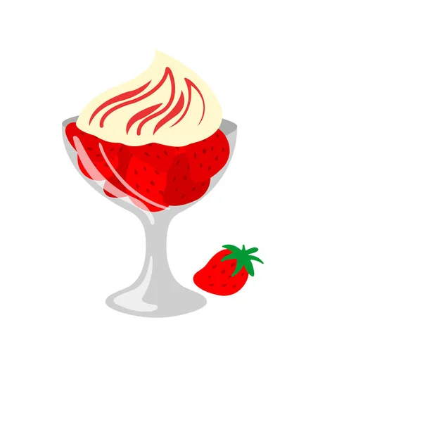 Vaso Postre Cremoso Capa Fruta Con Fresas Menta Fondo Blanco — Vector de stock