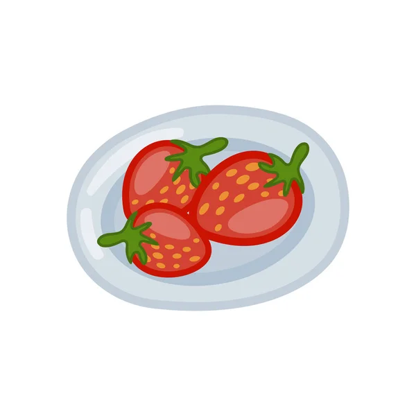 Επίπεδη Σχεδίαση Απεικόνιση Ενός Πιάτου Φρέσκες Φράουλες — Διανυσματικό Αρχείο