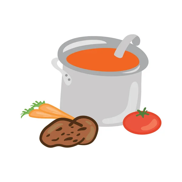 ニンジン ジャガイモ トマトをおいしいスープに入れます ベクトル形式のイラスト — ストックベクタ