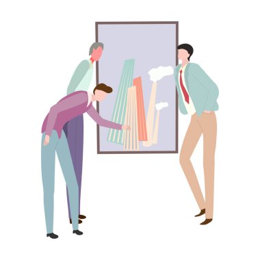 Vektör düz çizim. Bir grup insan modern sanat galerisini ziyaret ediyor. Sanat galerisi müzesi. İnsanlar resim sergisinde.