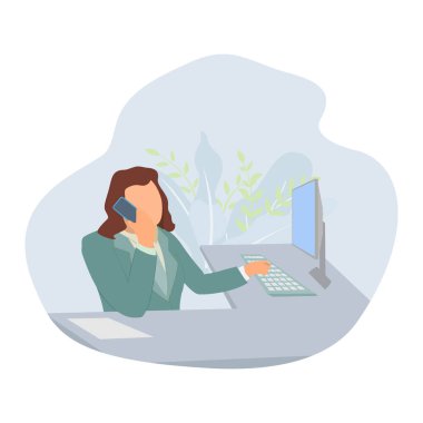 İş kadını çalışma masasında oturuyor. İş adamı son teslim tarihi hakkında konuşurken bilgisayar kullanıyor. Çalışma süreci, yaratıcı ofis, düz yatay ofis kavramı.