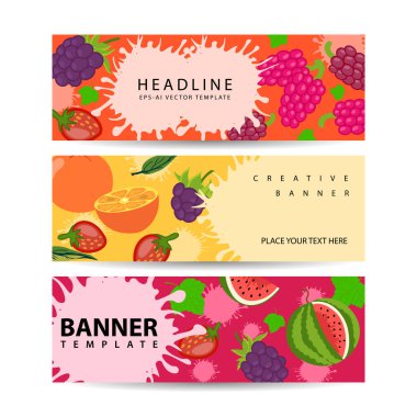 Taze meyve ve böğürtlen pankartları. Tropikal yaz meyveleriyle vektör illüstrasyonu.