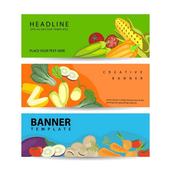 Drei Horizontale Banner Mit Buntem Gemüse Und Obst Realistischer Vektorillustration — Stockvektor