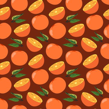 Portakal ve yaprakların kusursuz deseni. Meyve vektörü arka planı. Kusursuz desen desen tasarımı.