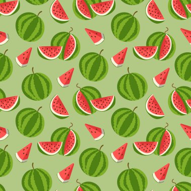 Tatlı sulu karpuz deseni, karpuz dilimleri ve tohum taşıyıcı arka planı. Kusursuz desen desen tasarımı.