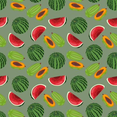 Meyvesiz şablon, sulu meyve koleksiyonu, elma, armut, erik, karpuz, papaya arka planı. Kusursuz desen desen tasarımı.