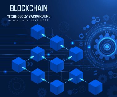 Blockchain technology concept design. Isometric cube with connecting lines.