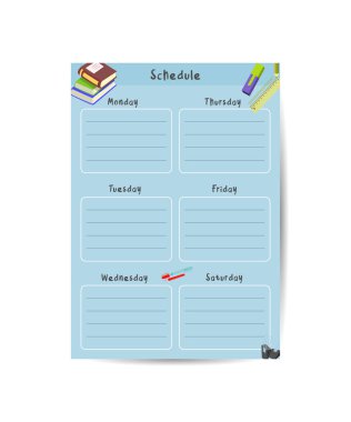 Cute childish school timetable, weekly classes schedule for kids with school supplies. Printable planner, diary for student. Stationery set for children. To Do List.