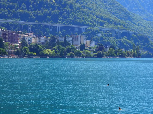 Lake Geneva European Montreux City Canton Vaud Switzerland 2017 Warm — Zdjęcie stockowe