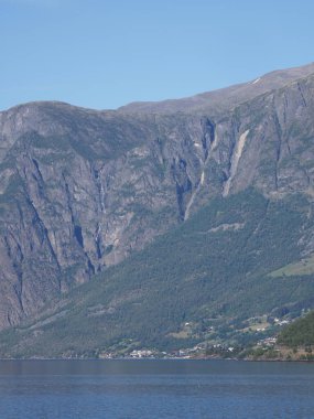 View to fjord in Flam at Sogn og Fjordane district in Norway, clear blue sky in 2019 warm sunny summer day on July - vertical