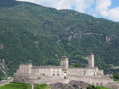 İsviçre 'nin Bellinzona şehrinde büyük kaleli Alp manzarası