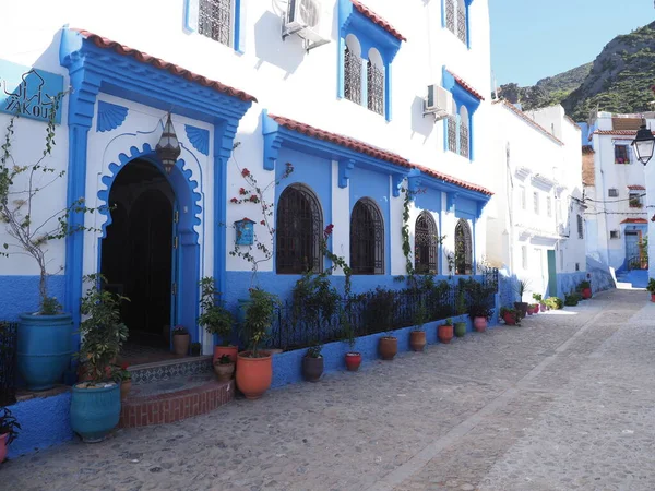 Frontage Moroccan Alley African Chefchaouen City Morocco Clear Blue Sky — Stockfoto