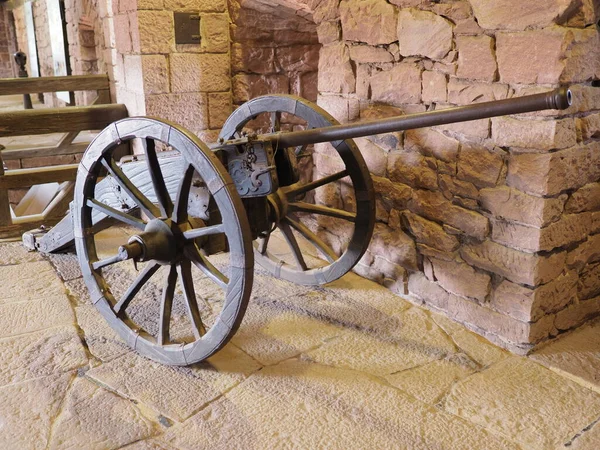 Historical cannon in Koenigsbourg castle in european Orschwiller town of Alsace region in 2018 warm sunny summer day on August.