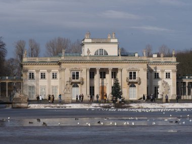 Polonya 'nın Masovian Voyvodalığındaki Varşova' nın başkenti Varşova 'daki hamam parkında 2019 yılındaki soğuk kış gününde ikametgahı olan donmuş gölet..