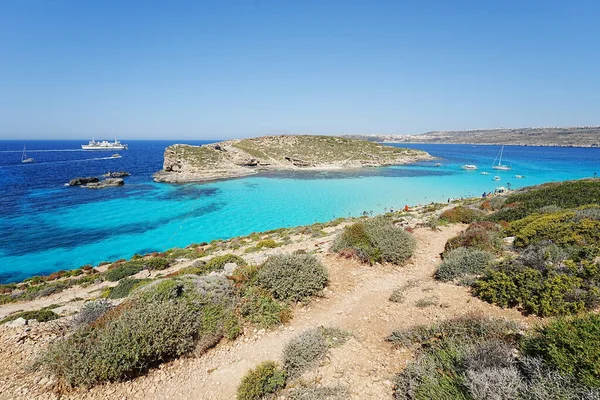 Paisaje Laguna Azul Isla Europea Comino Malta Cielo Azul Claro — Foto de Stock