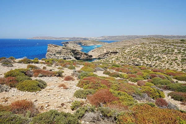 Vista Laguna Azul Isla Europea Comino Malta Cielo Azul Claro — Foto de Stock