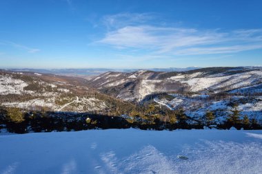 Scenic slope at Silesian Beskid Mountains range on european Bialy Krzyz in Poland, clear blue sky in 2022 cold sunny winter day on February.